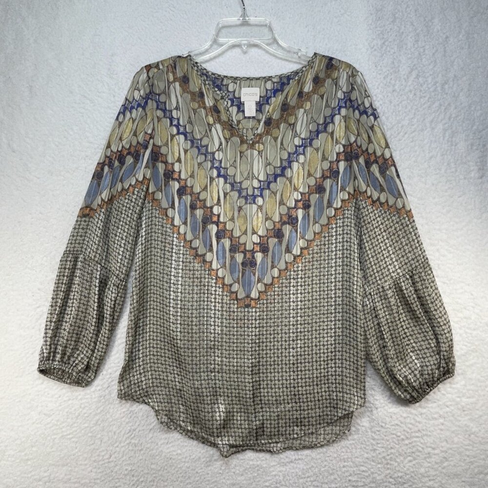 Chicos Blouse Womens US Size Small 4 Green Tan Sheer Long Sleeve V Neck